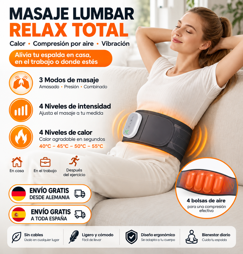 Cinturón lumbar inalámbrico TEMPLA con masaje por compresión de aire y calor, 3 modos, 4 niveles de intensidad, 4 niveles de calor