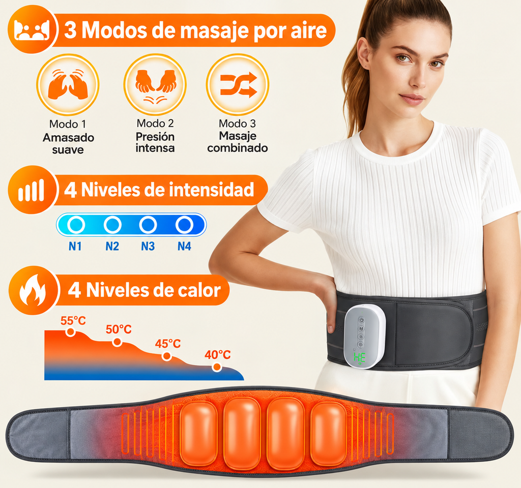 3 modos de masaje por aire, 4 niveles de intensidad y 4 niveles de calor de 40 a 55 grados