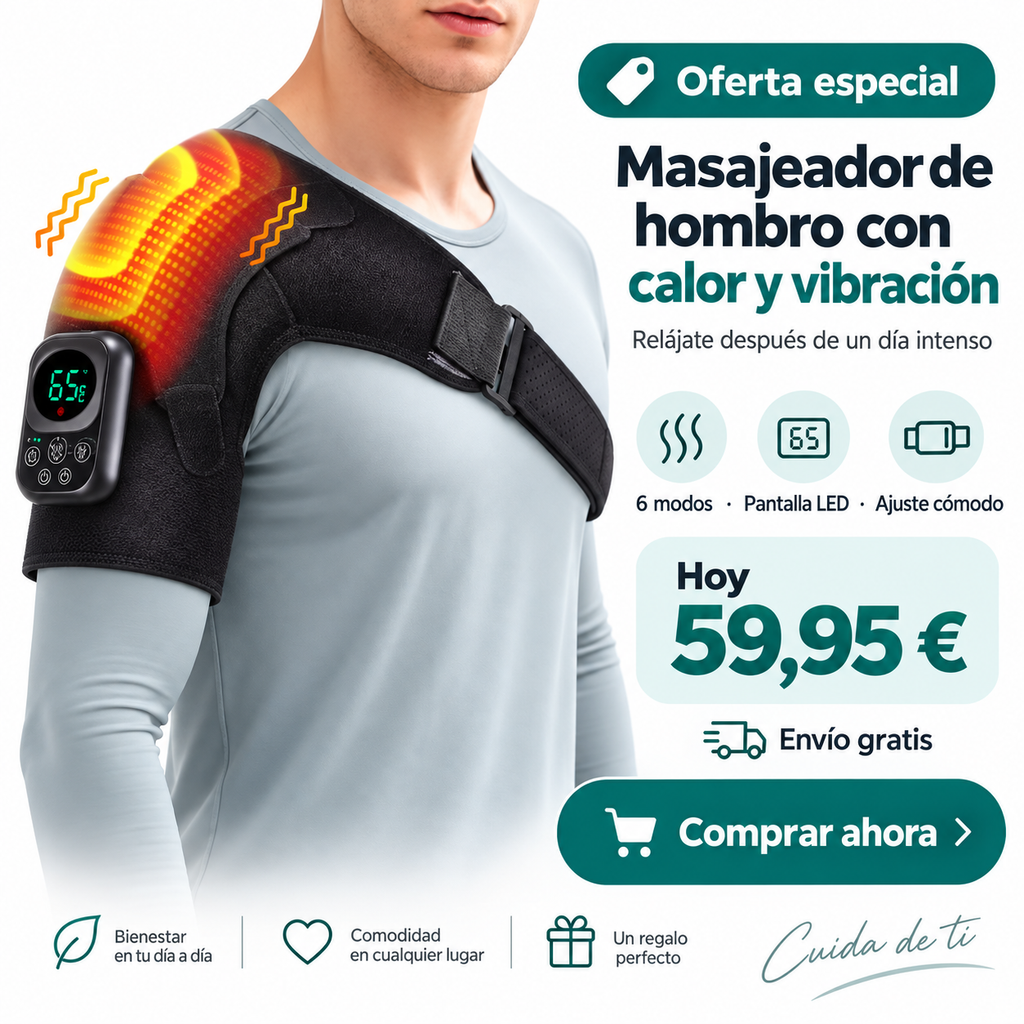 Masajeador de hombro Trapecia con calor y vibración, puesto sobre el hombro