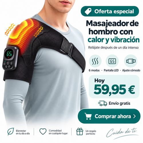 Masajeador de hombro Trapecia con calor y vibración, puesto sobre el hombro