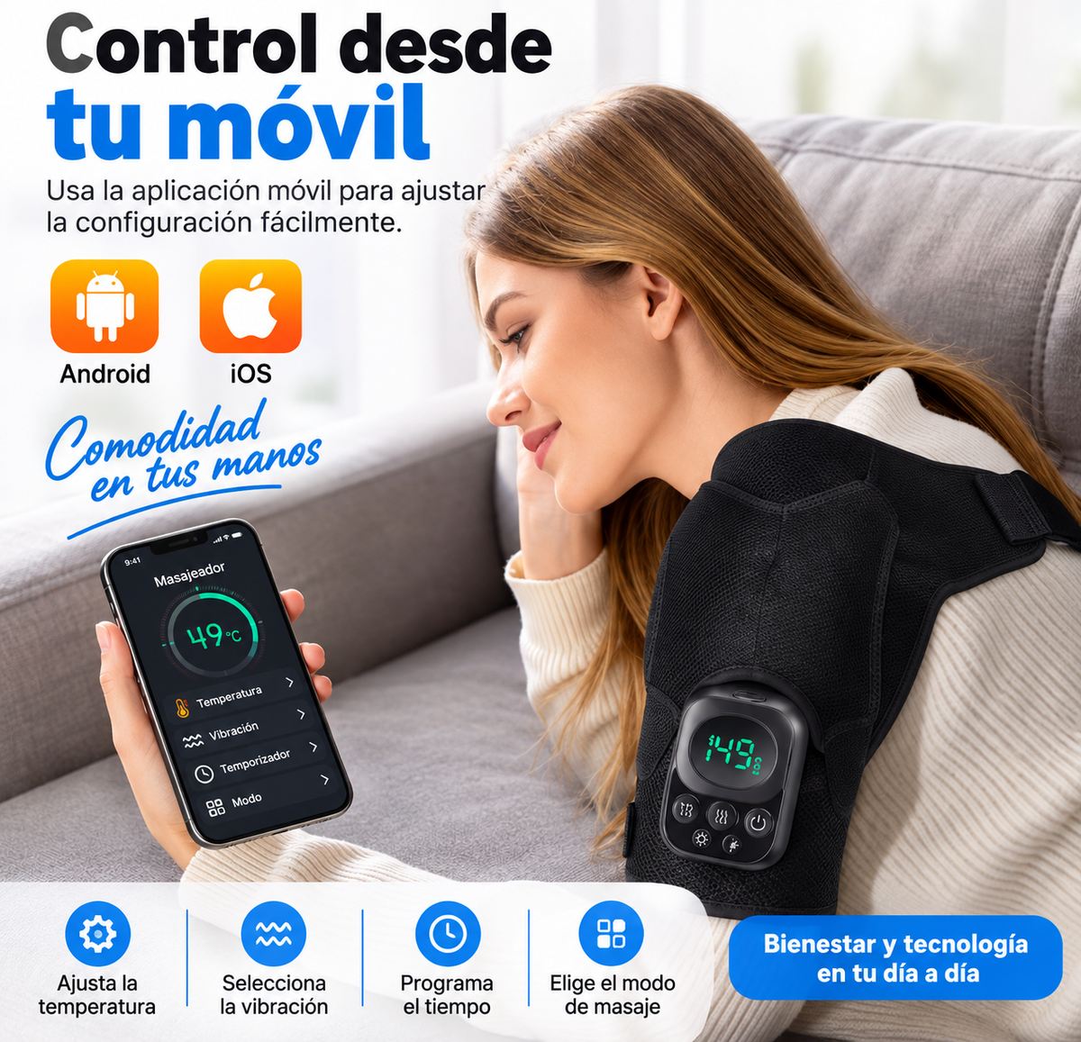 Control desde el movil con app para Android e iOS: temperatura, vibracion, temporizador y modo