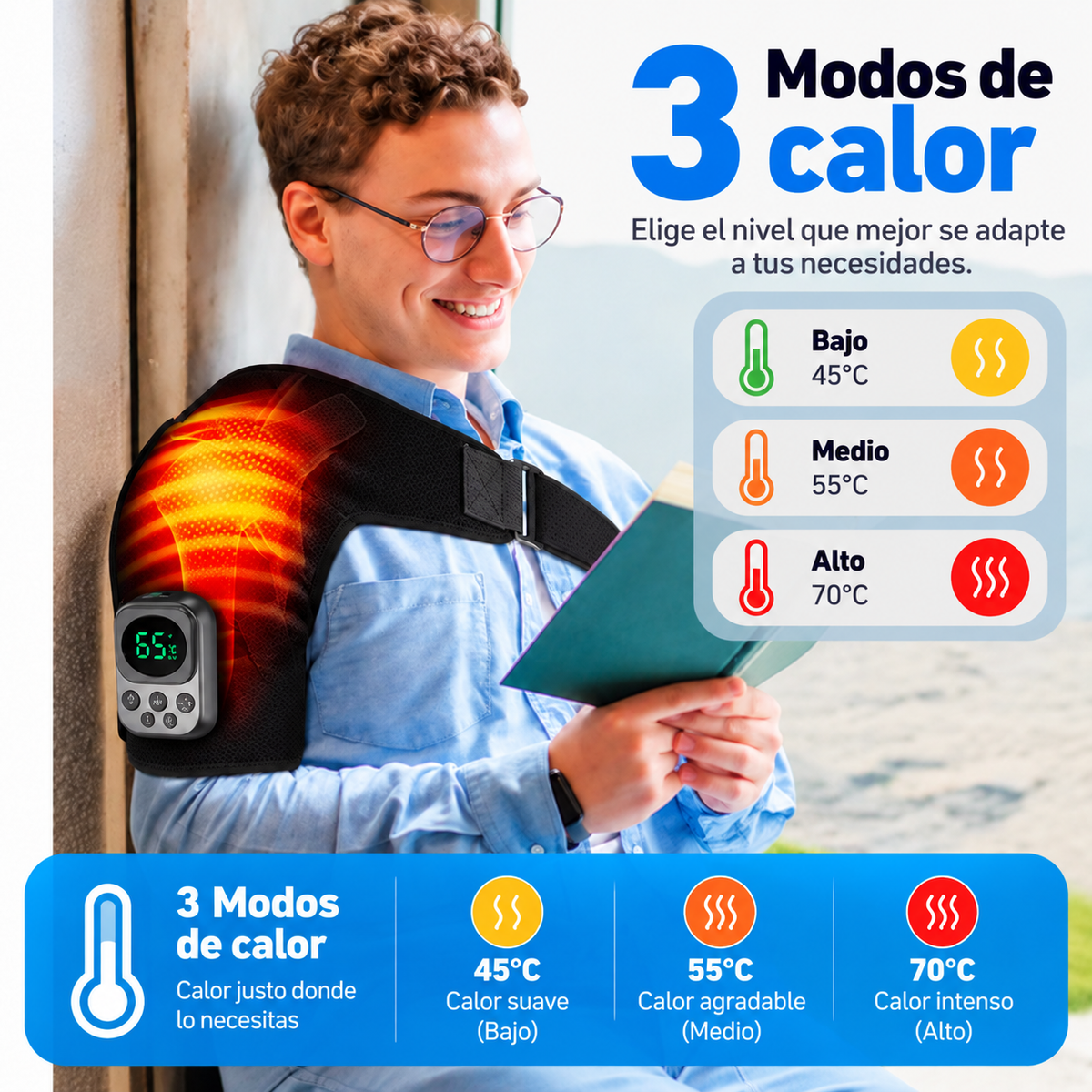 3 modos de calor: bajo 45 grados, medio 55 grados y alto 70 grados