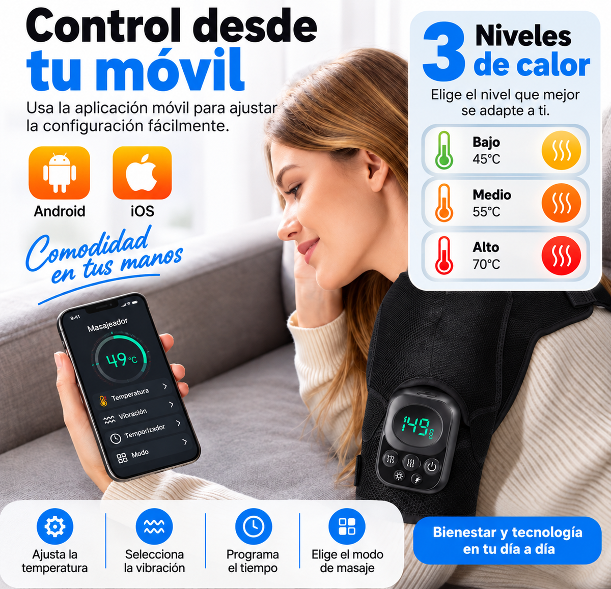 Control desde el movil con app para Android e iOS: temperatura, vibracion, temporizador y modo
